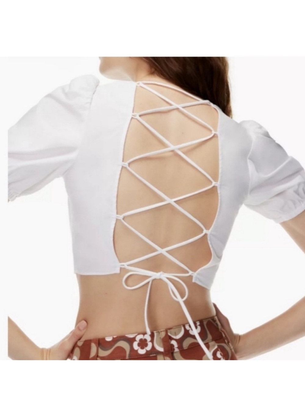 Sunday Best Isley White Lace-Up Back Puff Sleeve Crop Top